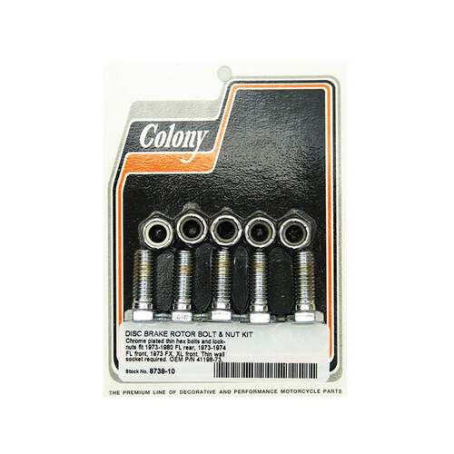 Colony Machine CM-8738-10 Disc Rotor to Hub Bolt Kit Chrome for Rear on Big Twin 73-80 & Front on FL 73-84 w/4 Speed