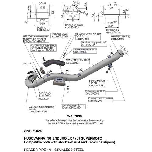 LeoVince LVHP80024 Stainless Steel Header Pipes for Husqvarna 701 Enduro/LR/701 Supermoto 21-22
