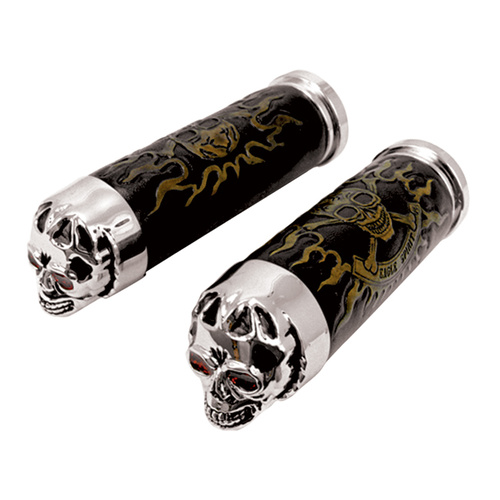 V-Factor 42030 Chrome Skull Leather Flamed Grip Pair Fits Big Twin / Twin Cam Softail Dyna & Sportster Models with Throttle Cable