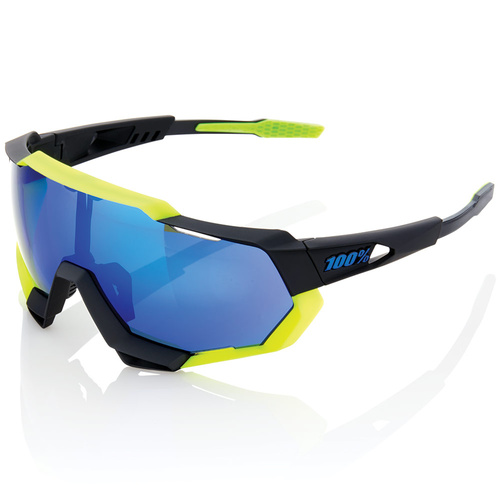 100% Speedtrap Soft Tact Sunglasses Black/Neon Yellow w/Electric Blue Mirror Lens