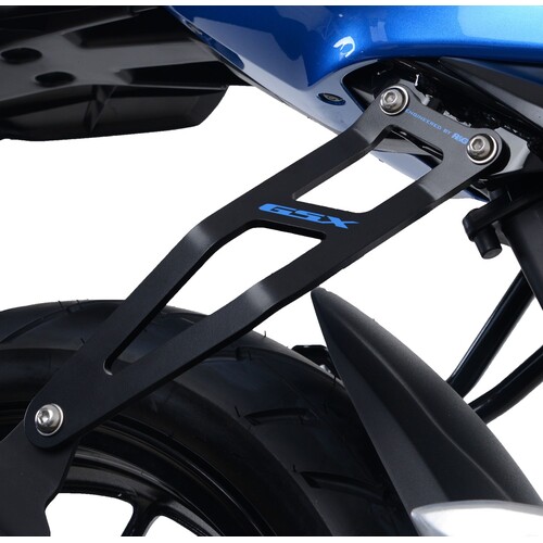R&G Racing Exhaust Hanger w/Footrest Blanking Plate (Kit) Black w/Blue Logo for Suzuki GSX-S125/GSX-R125 17-20