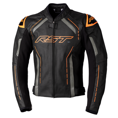 RST S-1 CE Black/Grey/Neon Orange Leather Jacket [Size:SM]