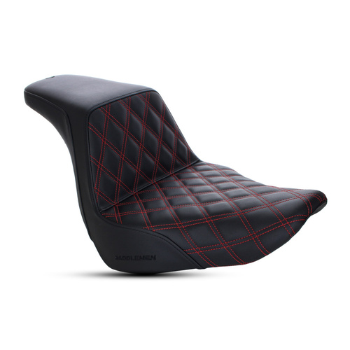 Saddlemen Step-Up LS Dual Seat with Red Double Diamond Lattice Stitch. Fits Sport Glide & Low Rider 2018up, Low Rider S 2020up & Low Rider ST 2022up.